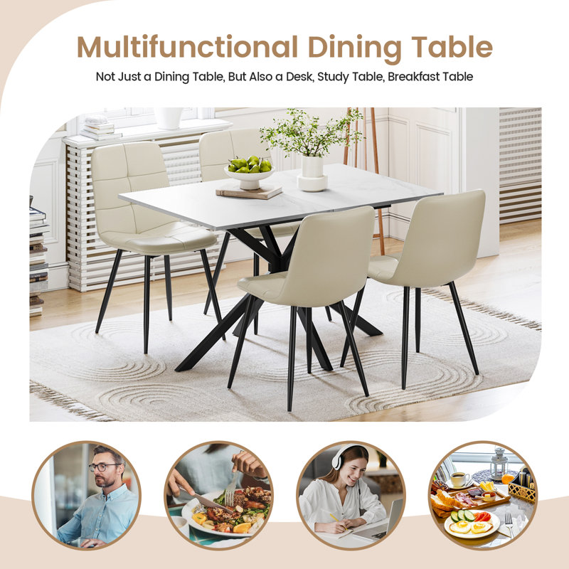 Extendable Dining Table And Chairs Set Of 4, Concrete Effect Rectangular Table With Upholstered Fabric Chairs For Dining Room,Kitchen