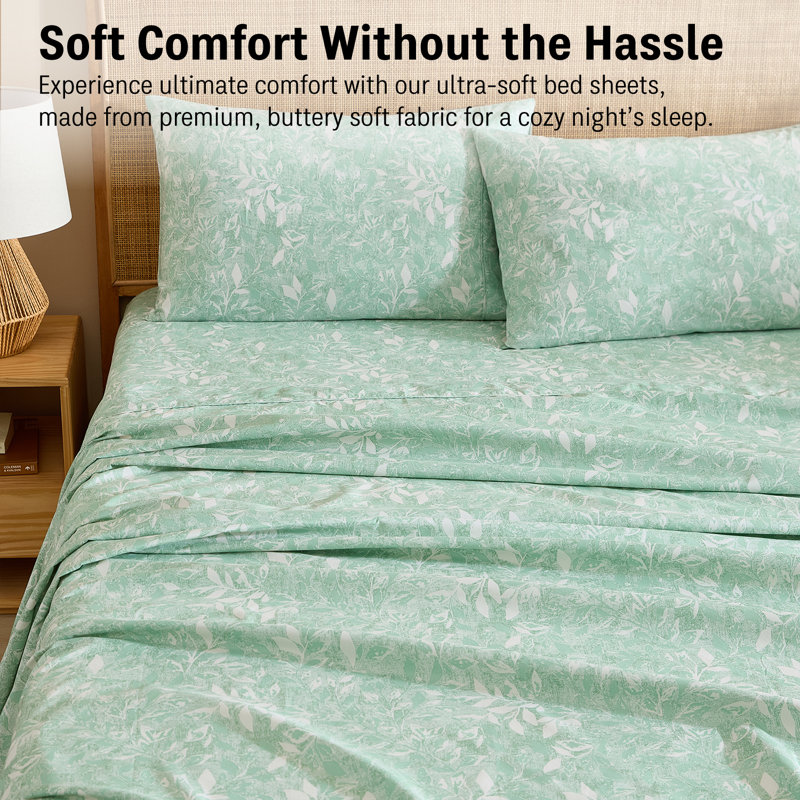 HLC.ME Leaves Printed Floral Bed Sheets - 4 Piece Patterned Bed Sheet Set - Wrinkle Resistant & Soft - Fits Mattresses Up To 15 Inches Deep (King, Green)
