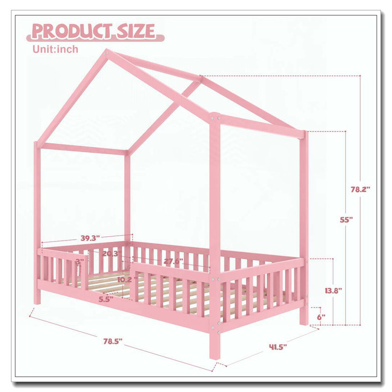 Lit de plancher en bois avec auvent en forme de maison, Lit simple, Rose