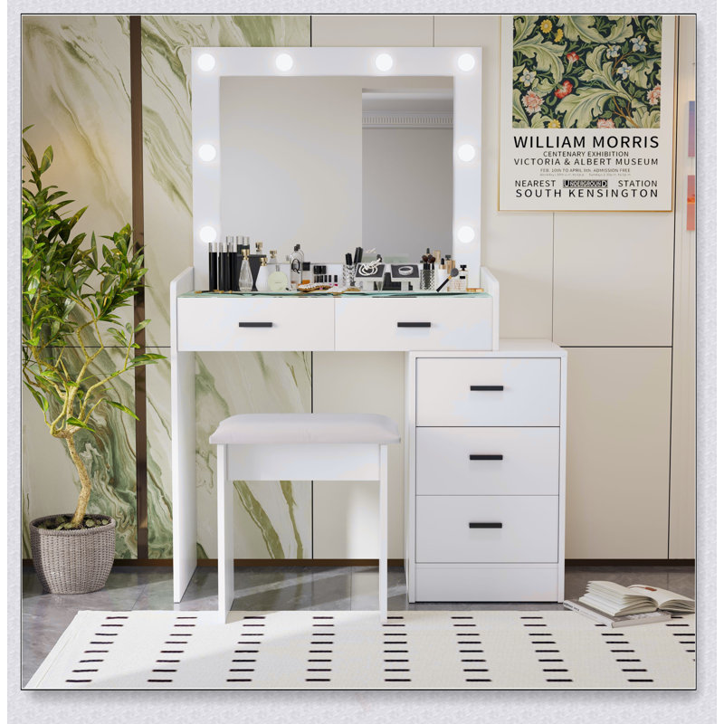 Adjustable White Dressing Table With 5 Drawers And Multi-Light LED Mirror For Organized Storage And Perfect Illumination