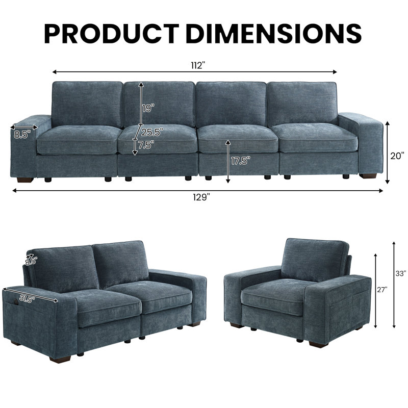 Modern Modular Chenille Sectional Sofa Set 5/6/7/8 Seater with Seat Storage and USB Charging Port、Side Pocket for Living Room and Apartment