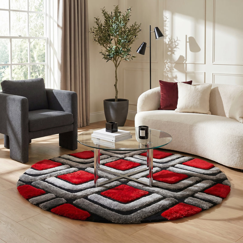 Tapis rouge / gris à poils longs Corey-Leigh, Rond 7 pi