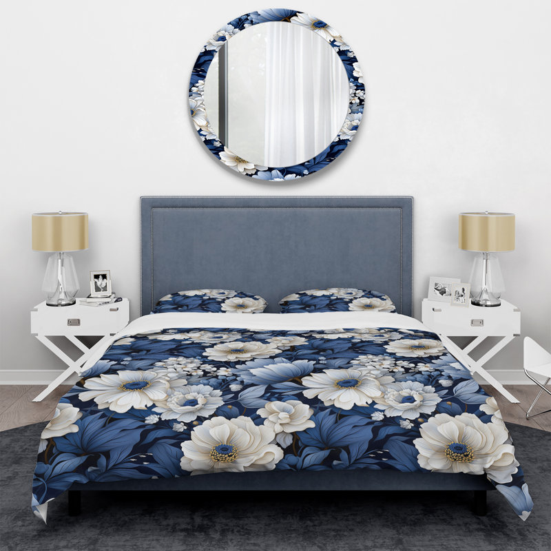 Literie à motif de fleurs glacées bleues et blanches enneigées, Housse de couette simple + 1 taie décorative stan