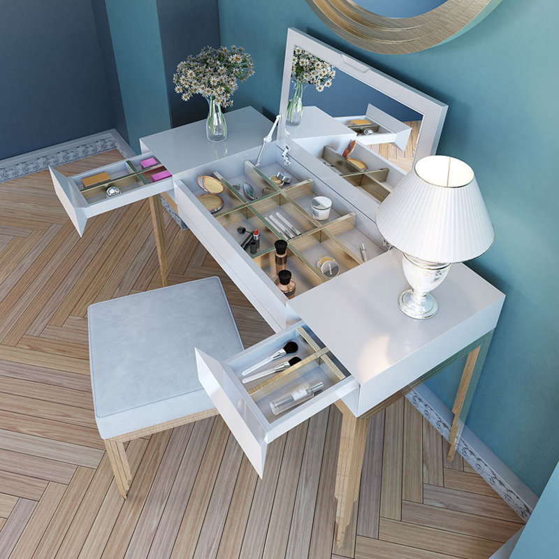 Ensemble de coiffeuse avec tabouret et miroir, Haute brillance