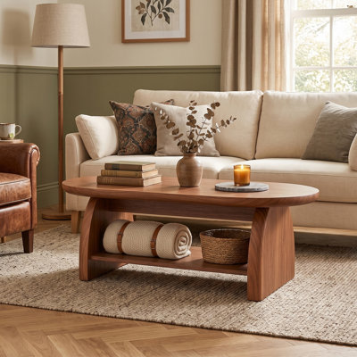 47" Modern Oval Brown Wood Coffee Table With double Legs for Living Room