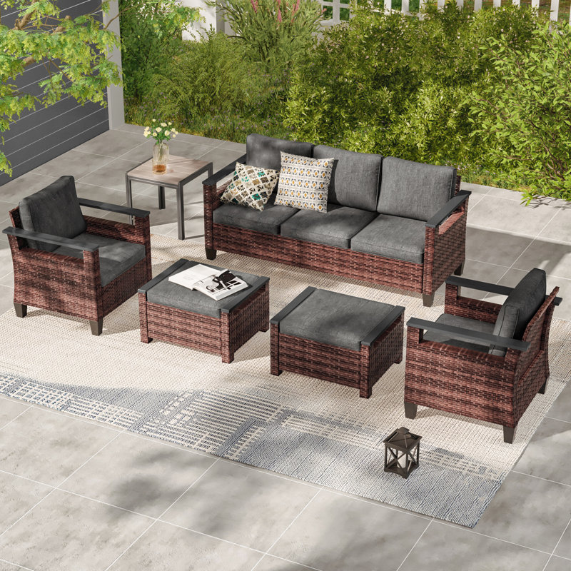 6 Piece Patio Sofa with Side Table Set, PE Rattan Conversation Couch with Cushion, Black Gray