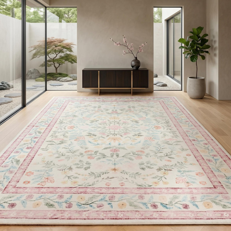 9x12 ft Washable Large Area Rug for Living Room - Botanical Foliage Leaf Print, Soft Velvet Pile, Non-Slip TPR Backing, Machine Washable, Pink