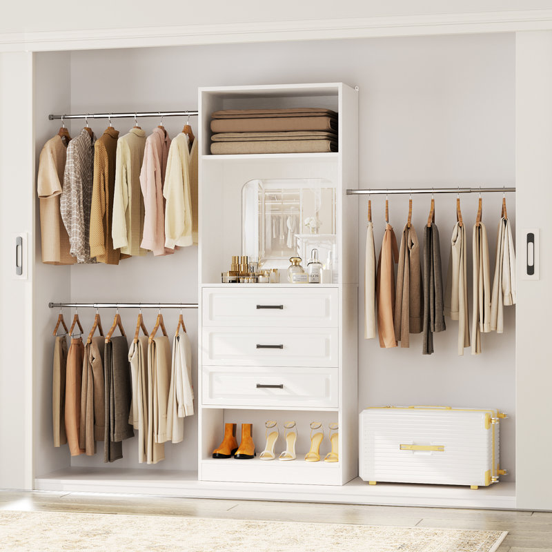 25" - 96” W Closet System with Wooden Drawers and Hanging Rods(Cut to Fit), White