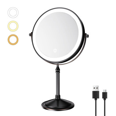 Miroir de maquillage rechargeable avec lumières et grossissement 10X, 3 lumières DEL de couleur, miroir de bureau éclairé sans fil avec lumières, plateau de table grossissant à 360 °, bronze huilé