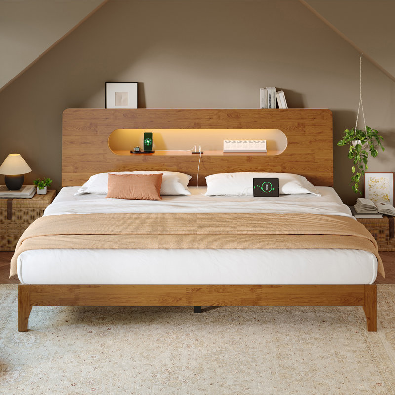 Lit plateforme en bois massif avec tête de lit à rangement DEL et USB – Grand/Très grand/Très grand, Naturel/Marron, Brown