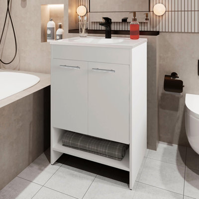 Meuble-lavabo de salle de bain blanc avec rangement à 2 portes et rangement ouvert - panneau de particules de 34,6 po de hauteur, 23,2 po de largeur et 17,7 po de profondeur
