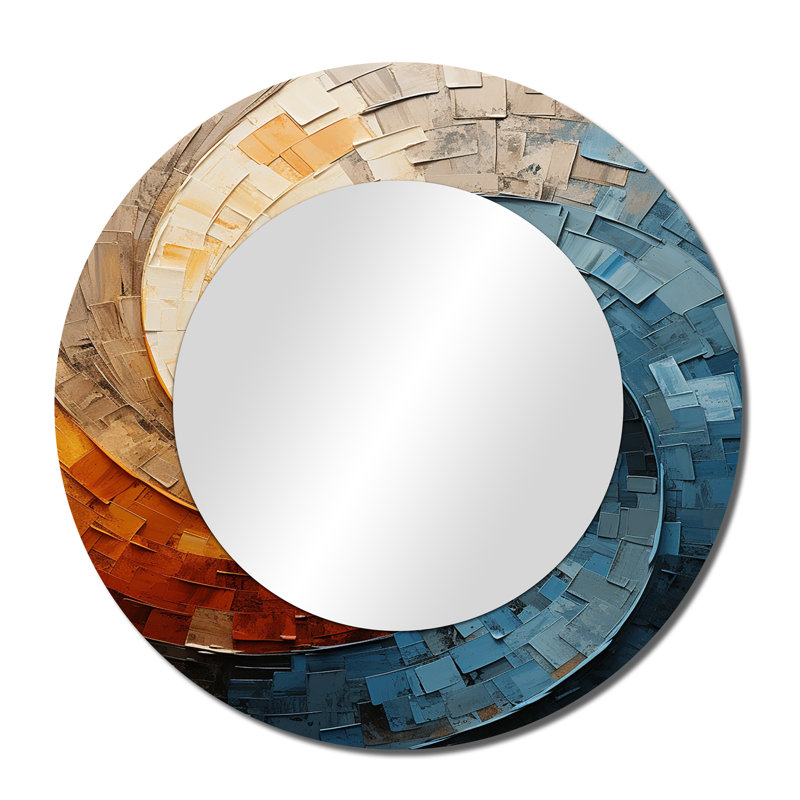 Collaged Spiral - Abstract Spirals Large Mirror, Teal Round Decorative Wall Mirror, Printed Metal Art, 36" x 36"
