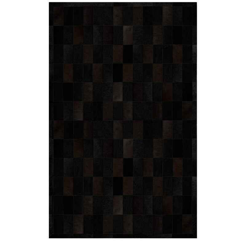 Tapis géométrique en cuir de vache noir / brun foncé / gris Daedalus, Rectangle 6 pi x 9 pi