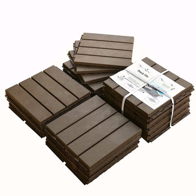 Patio Interlocking Deck Tiles, Square Composite Decking Tiles, Four Slat Plastic Outdoor Flooring Tile All Weather For Balcony Porch Backyard (Pack Of 27)