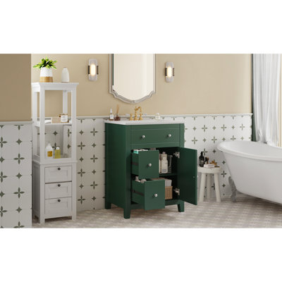 Meuble-lavabo moderne de 24 po avec lavabo en céramique, fonctionnement de tiroir silencieux, conception intérieure réglable et élégance champêtre française pour les espaces de salle de bain compacts, poignées en croix, espace de rangement spacieux