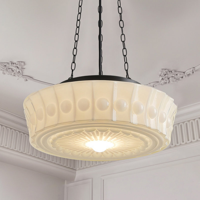 Milk Glass Pendant Light, Black Chain, Beige