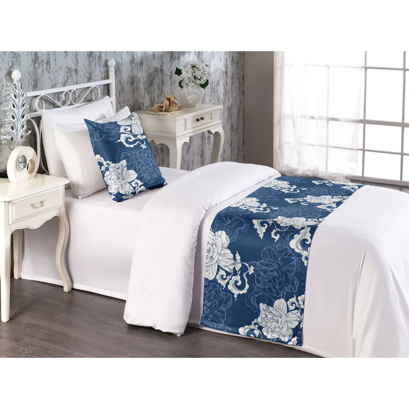 Ambesonne Floral Boho Bed Runner Set Simple Jasmine Print Dark Indigo Eggshell, Twin