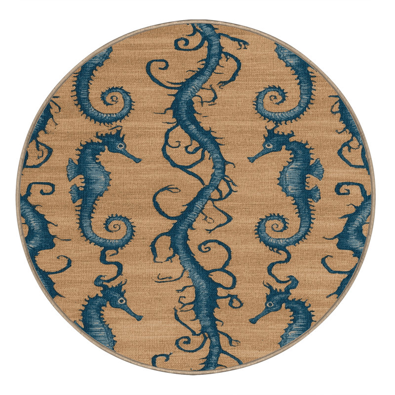  Washable Seahorses Nautical Area Rug, Rond 4 pi