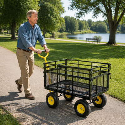 Garden Cart,180° Rotating Handle with Removable Mesh Sides,Folding Utility Wagon for Yard,Lawn,Backyard