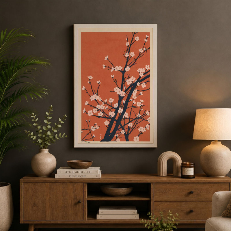 Spring Blossom Branch Botanical - Wrapped Canvas, 18x12 - 45.7 x 30.5 cm, Cream Border