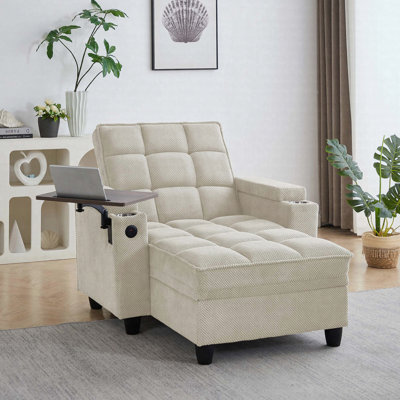 Beige Chaise Lounge Sofa, Sleeper Chair Bed with 6-Position Adjustable Backrest, USB Ports, Cup Holder and Swivel Side Table