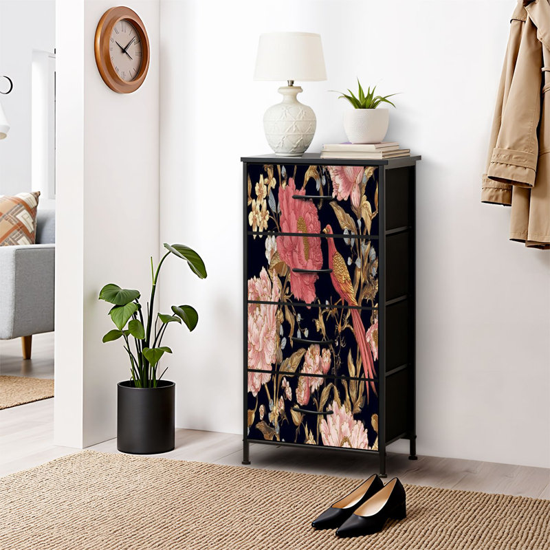 Commode pour commode de chambre à coucher pour pivoines et faisans floraux vintage sans soudure oiseaux Commodes et commodes en tissu rose et noir