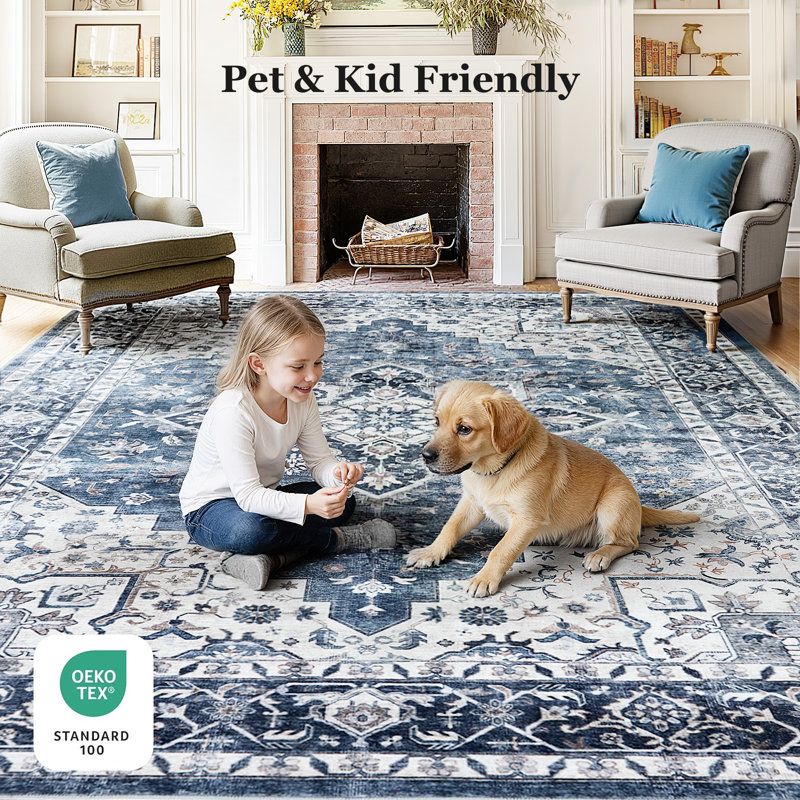 Oriental Inspired Vintage Machine Washable Area Rug with Non-Slip Backing for High Traffic Area, Living Room, Bed Room, Kitchen, Hallway, Entryway Rug