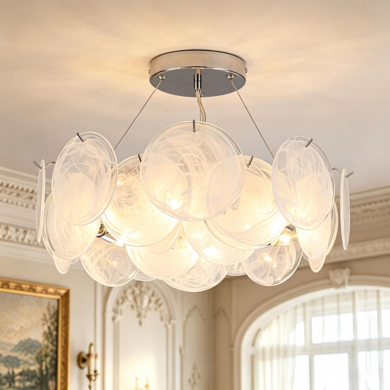 Plafonnier semi-encastré en verre nuageux Murano à 6 lumières