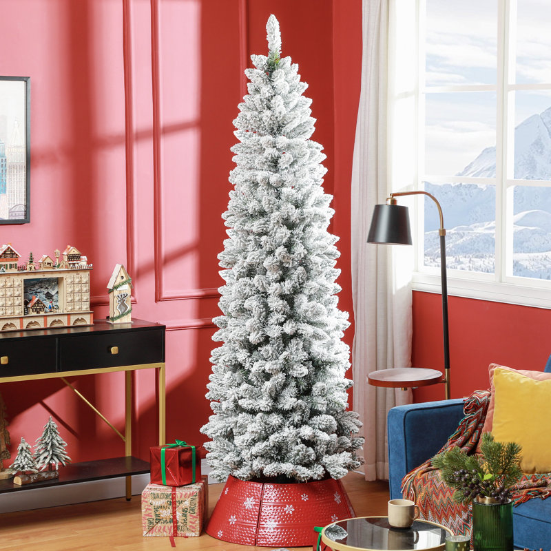 Arbre de Noël artificiel floqué avec base en acier, vert, 7'