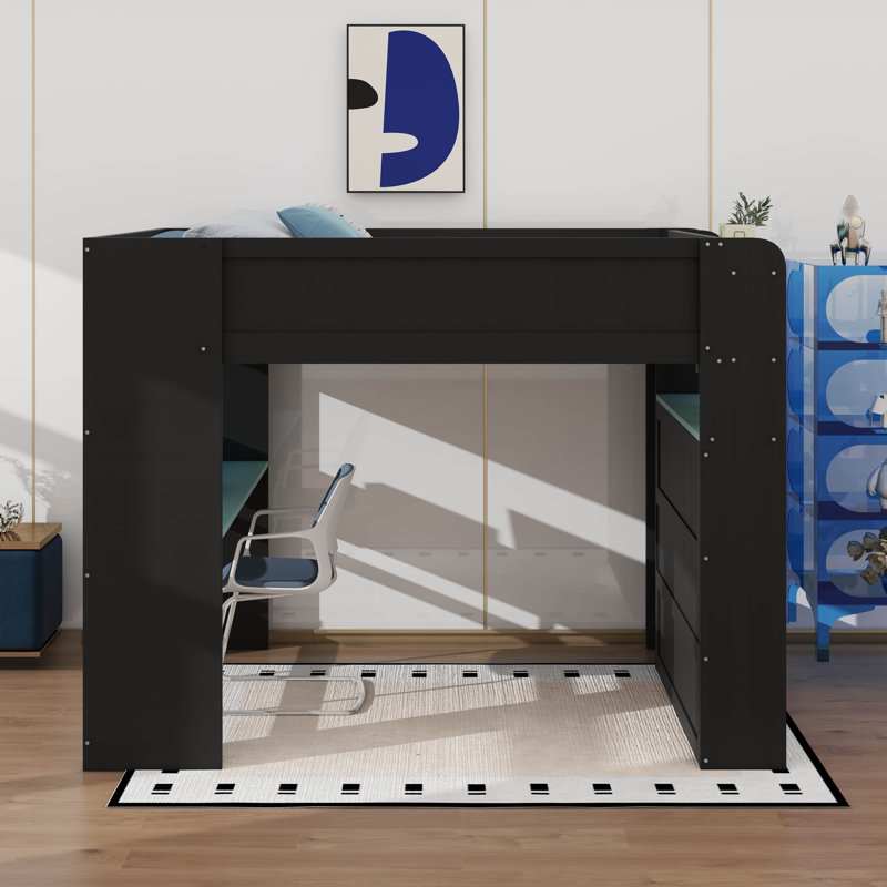 Lit superposé double en bois avec bureau, garde-robe, grand espace de rangement et lumière RVB, Bleu