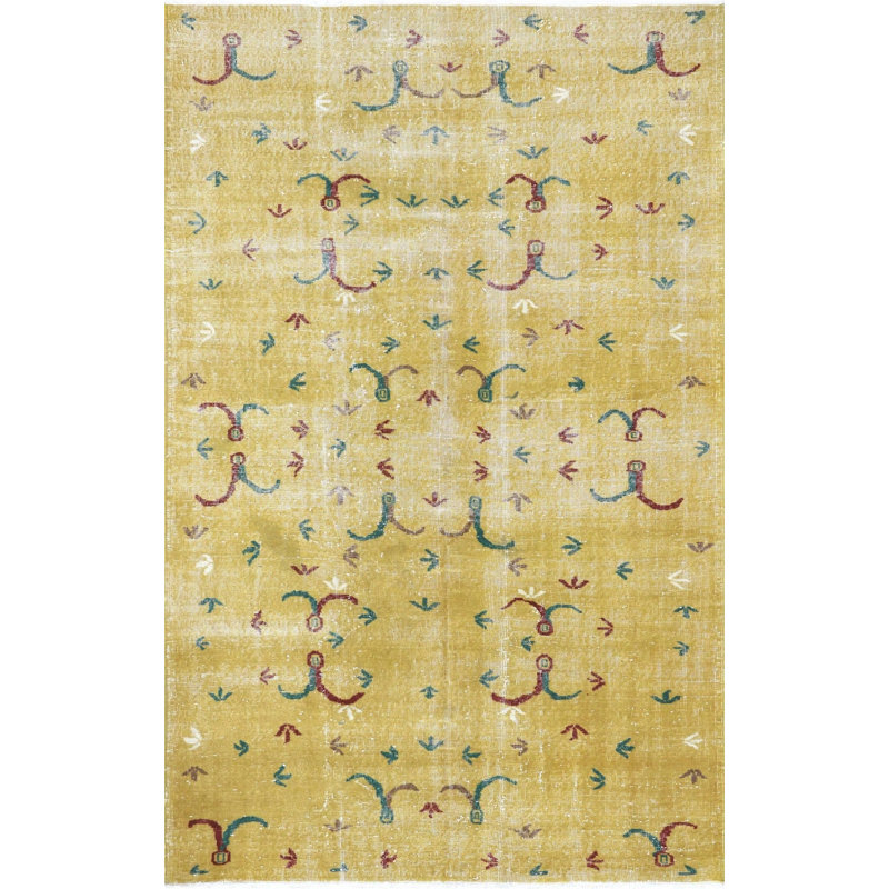 Laine unique noué à la main des années 1960 de 5 pi 9 po x 8 pi 11 po en jaune / vert / rouille