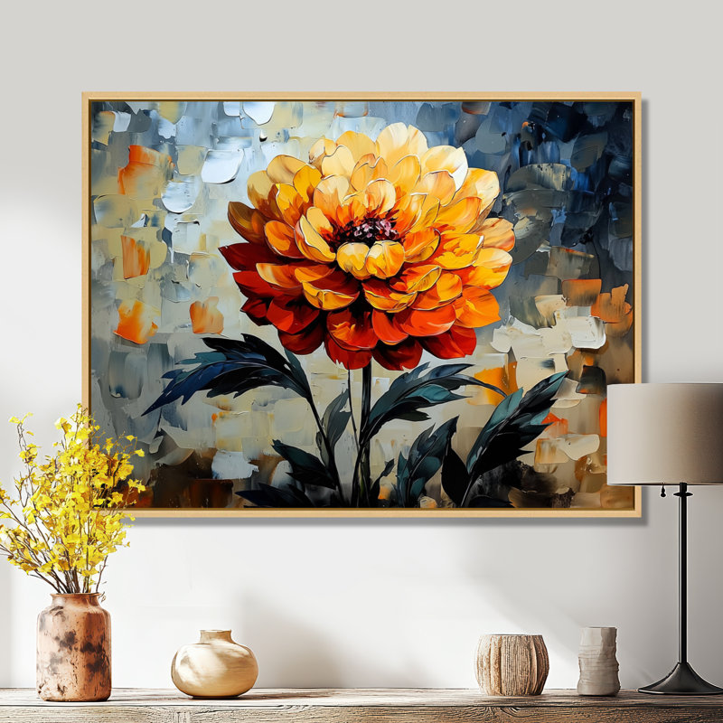 Abstrait orange Dahlia lueur IV - art mural Dahlia, H 16 po x l 32 po, Cadre flottant, Naturel