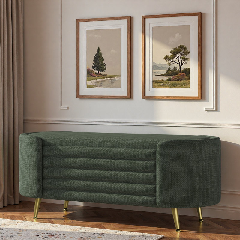 Modern Oval Ottoman Bench With Ample Storage Space And Metal Legs, Green