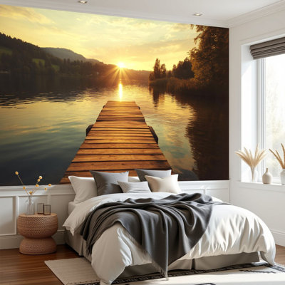 Murale Papier peint auto-adhésif Lac Paysage Scène de nature Quai Coucher de soleil Calm Pier Jetée en bois Calm Papier autocollant amovible pour décoration de salon Chambre à coucher H 69 po x l 96 po