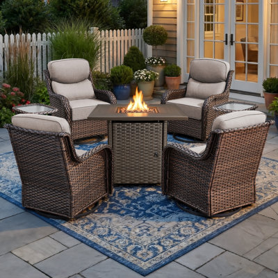 4 - Person Patio Furniture Chair Set With Fire Pit Table, 4 Swivel Glider Chairs With 6-Inch Cushions & Side Table