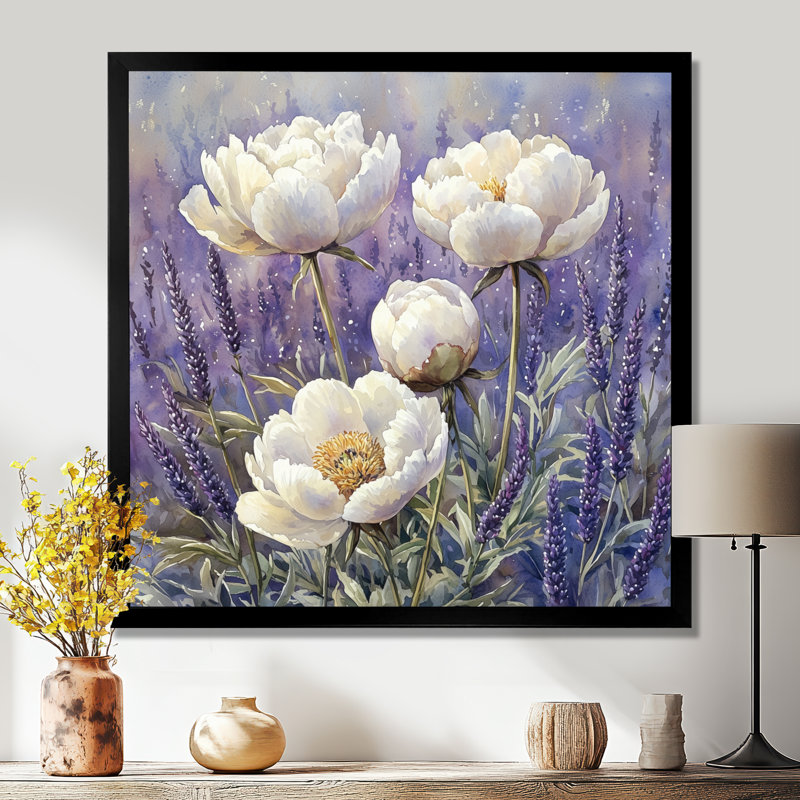 Pivoines dans le champ de lavande I - pivoines, art mural, H 16 po x l 16 po, Reproduction encadrée d'une seule photo, Noir
