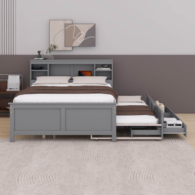 Lit plateforme Nyliah avec tête de rangement, USB, lit gigogne et 3 tiroirs, Double, gris