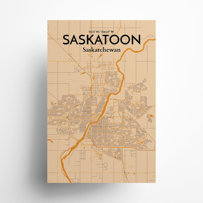 Saskatoon City Map, impression rétro, H 36 po x l 24 po