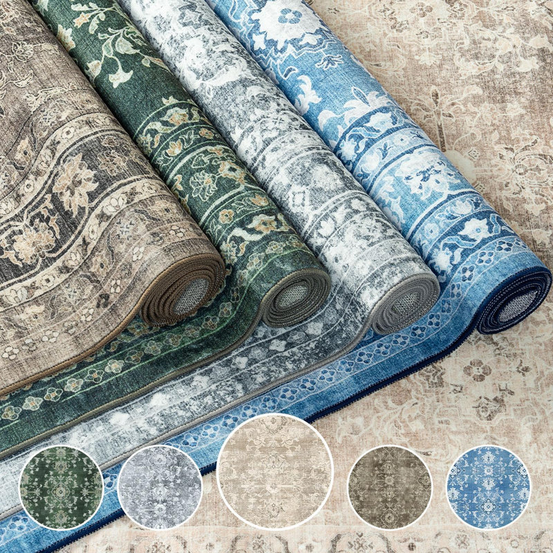 5'X7' ft Vintage Machine Washable Distressed Boho Floral Accent Area Rugs Beige, Rectangle 5' x 7'