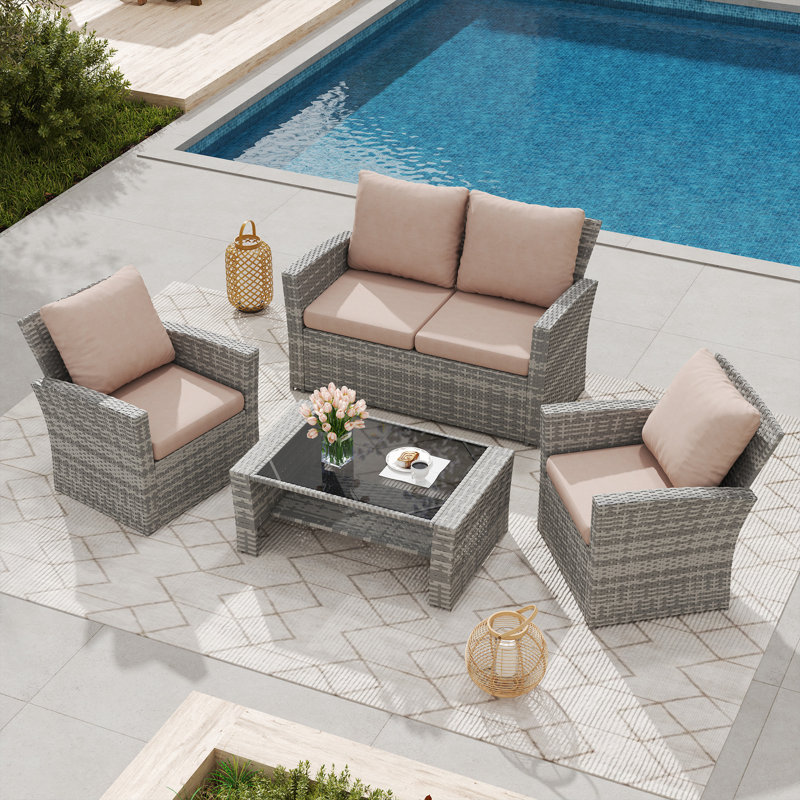 4-Piece Outdoor Patio Wicker Furniture Set-include Loveseat, Beige