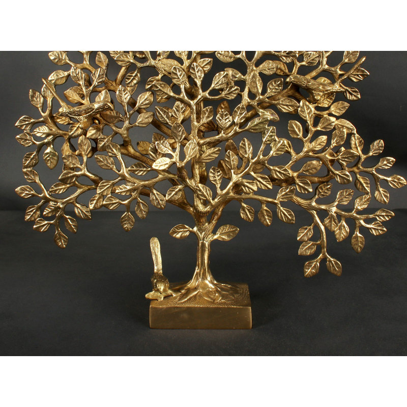 Décoration murale arbre de vie en laiton coulé à la main avec trois oiseaux, 12,5 po x 11,5 po