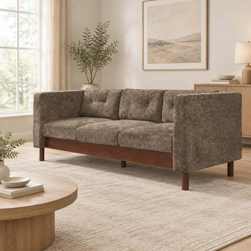 Canapé moderne 3 places en chenille de 199 cm (78,12 pouces) avec accoudoirs carrés, dossier capitonné et pieds en bois d'hévéa pour salon