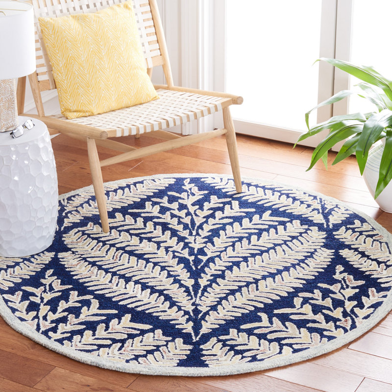 Arisdelsy Floral Handmade Tufted Wool Navy/Ivory Area Rug, Round 5'