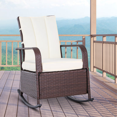 Chaise berçante d'extérieur en osier, fauteuil inclinable de patio avec dossier ajustable, chaise longue en rotin PE avec repose-pieds réglable et coussins pour le jardin, la cour arrière, le porche