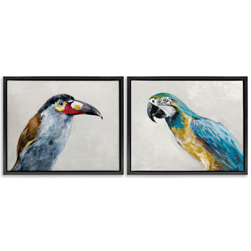 Ensemble de cadres flottants 2 pièces Toucan et perroquet, design par Jacob Q, H 17 po x l 21 po, Cadre flottant noir de jais
