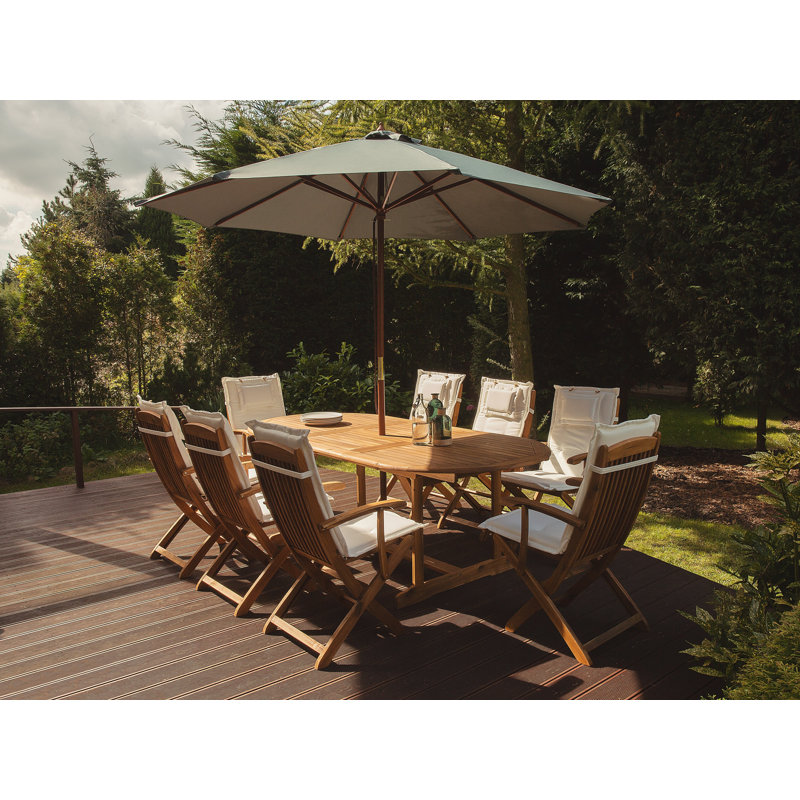 Creel 8 - Person Acacia Wood Patio Dining Set with Extendable Oval Table , Cushions Included, Beige/Green