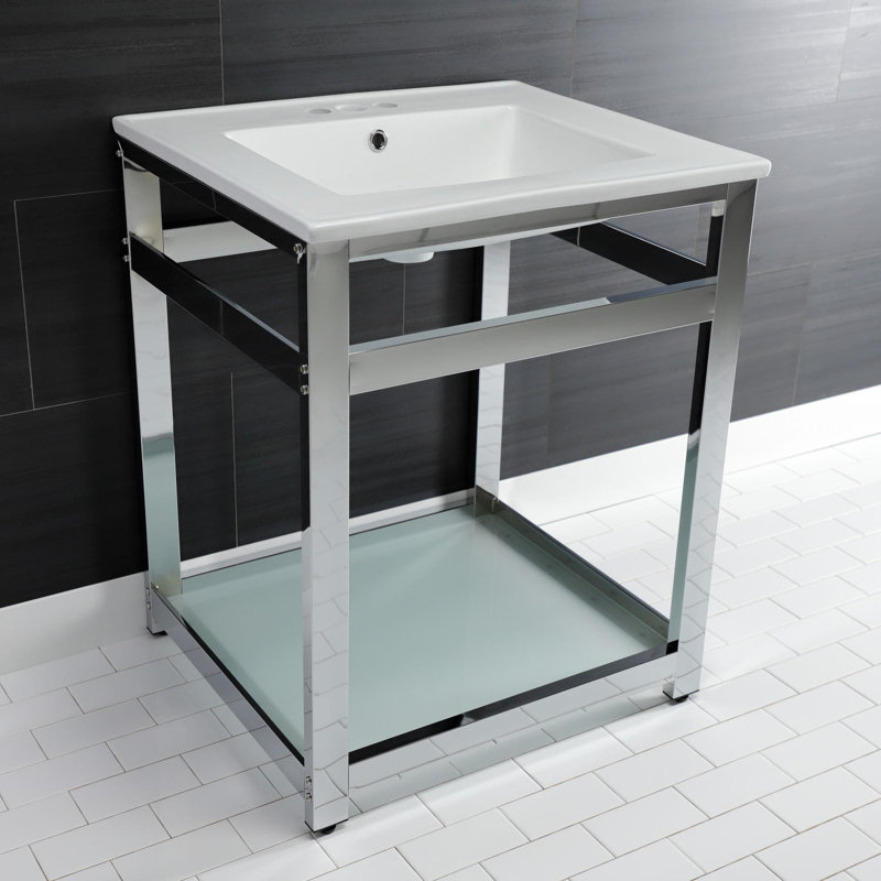 Quadras Ceramic Rectangular Console Bathroom Sink with Overflow, White/Chrome, 4" Centers