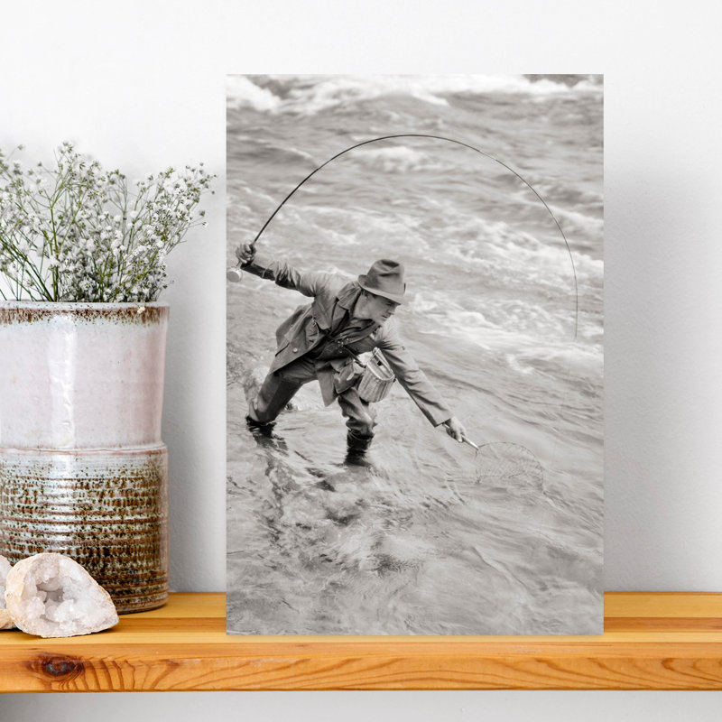 1920S Man Fisherman Standing In Stream Bending Over With Net To Catch Fish Hooked On His Line Contemporary Fish Fly Nature Wall Art