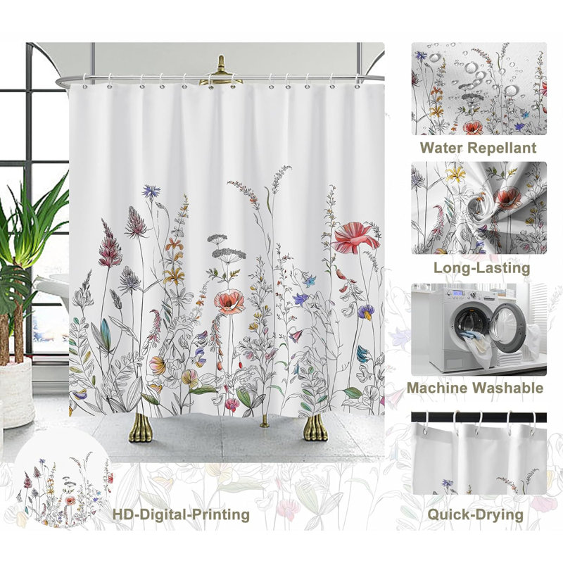 Pack of 1 Minimalist Plants Floral Bath Curtain with Hooks, 182.88cm H x 182.88cm W