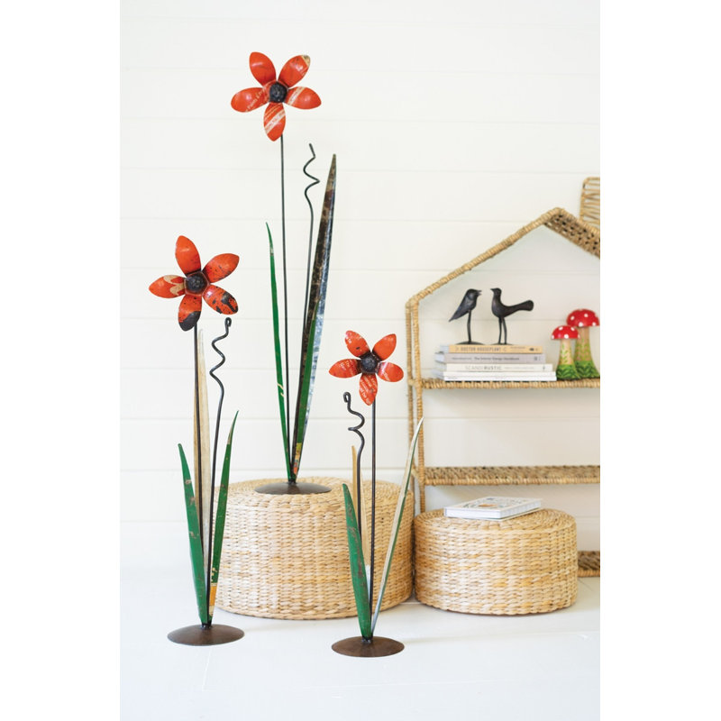  Metal Flower Sculptures 37" Tall – Recycled Iron Decorative Floral Set of 3